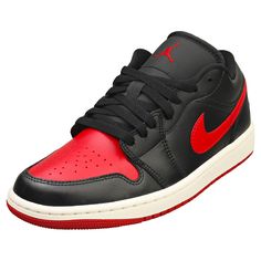 The Womens AIR JORDAN 1 LOW from Nike combines a Leather & Synthetic upper with a durable Rubber sole. These Fashion Trainers feature Lace-Up fastening, Textile insole and Textile lining. Finished with Nike branding, the style DC0774-061 comes in a Black Red colourway. Style: AIR JORDAN 1 LOW Outer: Leather & Synthetic Lining: Textile Fastening: Lace-Up Sole: Rubber Colour: Black Red Sup. Ref.: DC0774-061 NOTICE FOR EU CUSTOMERS: YOU ARE RESPONSIBLE FOR IMPORT DUTIES AND VAT AT THE DESTINATION COUNTRY FOR ANY ORDERS ABOVE 150 EUROS Mens Womens Kids Brands LOW COST UK DELIVERY RATES LOW INTERNATIONAL DELIVERY RATES 30 DAYS RETURN POLICY Nike Air Jordan 1 Low Womens Black Red Fashion Trainers The Womens AIR JORDAN 1 LOW from Nike combines a Leather & Synthetic upper with a durable Rubber sol Red Breathable Synthetic Jordan Shoes, Jordan 1 Low Bred, Womens Air Jordan 1, Jordan Dunks, Womens Air Jordan, Fashion Trainers, Gymnastics Shoes, Nike Branding, Nike Air Jordan 1 Low