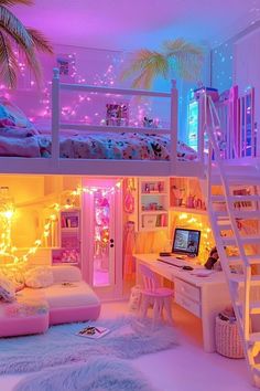 a bedroom with bunk beds and lights on the ceiling is decorated in pastel colors