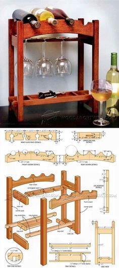 the plans for a wine rack are shown in two different views, one is made from wood