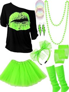 neon green outfit with matching necklaces, bracelets, and shoes for halloween or cosplay