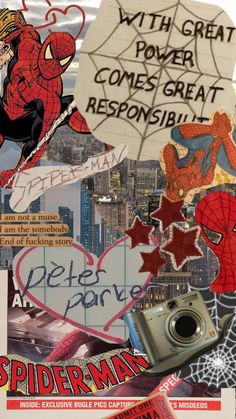 the collage has many different pictures and words on it, including spider - man