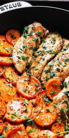 Maple Chicken with Sweet Potatoes in a cast-iron skillet Chicken And Sweet Potato Recipe Healthy, Chicken With Sweet Potatoes, Sweet Potato Dinner, Maple Chicken, Sweet Potato Recipes Healthy, Thyme Chicken, Thyme Recipes, Stuffed Sweet Potato Healthy, Chicken Sweet Potato