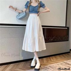 Olivia Mark - Knee-Length Khaki Skirt with White Lace Details - Womens Elegant Maxi Skirt Midi White Skirt, Long Skirt Pleated, Khaki Midi Skirt, Organza Midi Skirt, Harajuku Casual, White Knee Length Skirt, Umbrella Design, Womens Long Skirt, White Long Skirt