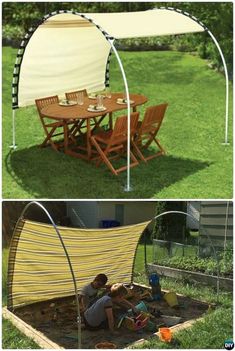 an outdoor dining area with a table and chairs in the middle, and a large canopy over it