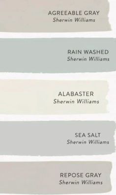 four shades of gray paint with the names of different colors in each one, including white and grey