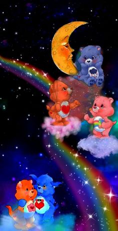 the bears are flying through the night sky with rainbows and stars in the background