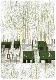 a drawing of some houses in the woods with trees and grass on each side of them