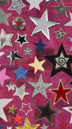 many different colored stars on a pink background with silver, black and red glitters