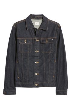 A deep-indigo wash and high-contrast topstitching define a classic denim jacket with all-season appeal. Front button closure Spread collar Long sleeves with button cuffs Chest button-flap pockets; side-seam pockets Adjustable button side tabs 98% cotton, 2% polyurethane Machine wash, tumble dry Imported Classic Relaxed Fit Denim Jacket With Buttons, Fitted Casual Denim Jacket In Rigid Denim, Fitted Casual Rigid Denim Jacket, Denim Blue Jacket With Button Cuffs, Fitted Cotton Denim Jacket With Button Cuffs, Fitted Denim Jacket With Button Cuffs, Classic Medium Wash Rigid Denim Jacket, Classic Denim Blue Jacket With Relaxed Fit, Classic Denim Blue Jacket In Relaxed Fit