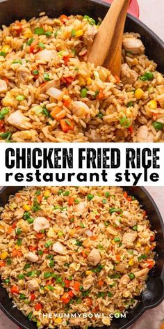 chicken fried rice is in a skillet and ready to be eaten with the words chicken fried rice restaurant style