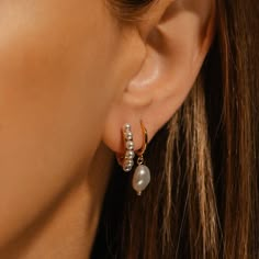 This stunning fresh water pearl duo create the most dreamy set featuring our Chambéry Drop Hoop & Chambéry Huggie. Whether it’s a wedding, a sunset dinner date with your love, or hanging out in sweats on a Sunday - this is truly the perfect stack. Inspired by Chambéry, an Alpine town in Southeast France.  Sold as two pairs.  Details 18K triple layered gold over sterling silver; freshwater pearls The Perfect Hoop earrings feature high-quality materials that are durable, stylish, and comfortable t Gold Double Earrings, Round Beaded Earrings, Double Ear Piercings, Sunset Dinner, Double Earrings, Pearl Earrings Wedding, Stacked Earrings, Gold Pearl Earrings, Pearl Hoop Earrings