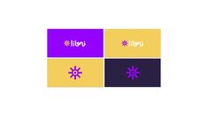 four squares with the word hello written in purple, yellow and pink on each side