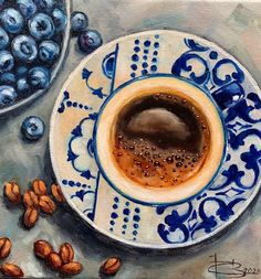 a painting of coffee and blueberries on a plate