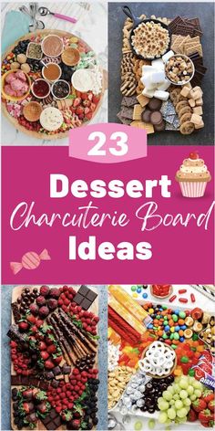 some desserts and other food items are arranged in the shape of a board with words on