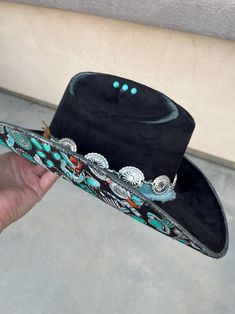 Black Turquoise Fabric Lined Cowboy Hat Flower Cowboy Hat Ladies Western Hat Floral Wedding Hat Wide Brim Fedora Hippie Rancher Hat - Etsy Custom Cowboy Hats, Hat Flower, Rancher Hat, Turquoise Fabric, Hat Wide Brim, Western Hat, Wide Brim Fedora, Wedding Hat, Black Turquoise