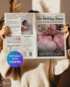 a woman holding up a birthday party newspaper with the front page printed out for her