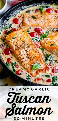 creamy garlic tuscan salmon with tomatoes and spinach in a skillet