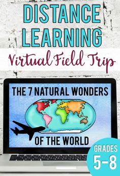 a laptop with the words distance learning virtual field trip on it and an image of a plane