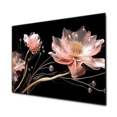 pink flowers on black background with pearls in the center and gold stems around them, framed canvas wall art print