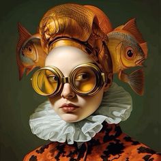 a painting of a woman with fish on her head and goggles over her eyes