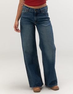 WRANGLER Low Rise Womens Baggy Jeans - MED BLAST | Tillys Low Rise Fitted Jeans, Medium Rise Jeans, Outfits For Bigger Bust, Hollister Low Rise Baggy Jeans, Grungy Jeans, Tillys Jeans, Bagy Jeans, Mid Rise Jeans Outfit, Outfit Ideas Baggy Jeans