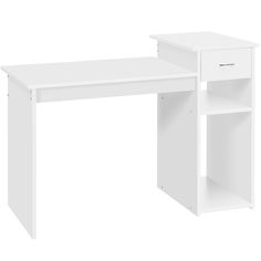 a white desk with an open shelf on the bottom and one drawer at the top