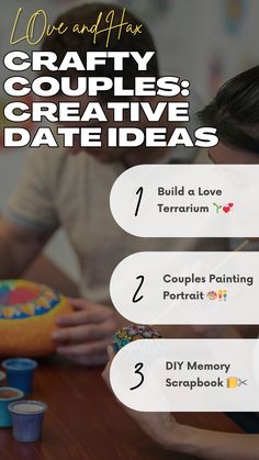 two people sitting at a table and one is holding a doughnut with the words crafty couples creative date ideas on it