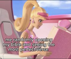 a cartoon girl reading a book with the caption, me randomly opening my bible and seeing the most perfect verse