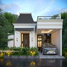 a car is parked in front of a house with plants and trees around the driveway