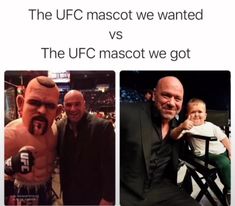 two men and a baby posing for the camera with text that reads, the ufc mascot we wanted vs the ufc mascot we got