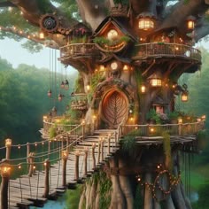 a tree house with stairs leading up to it and lots of lights on the trees