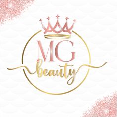 the logo for mgm beauty, which has gold and pink glitters on white background