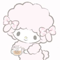 a hello kitty holding a mug with a bow on it's head and wearing a pink outfit