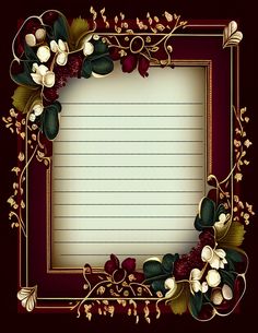 an old fashioned photo frame with flowers and leaves on the border, in red background