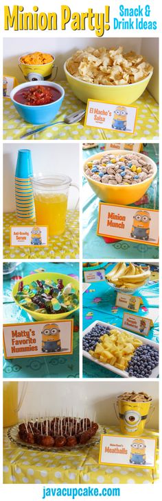 an assortment of snacks and drinks on a table with the words, minion party snack ideas