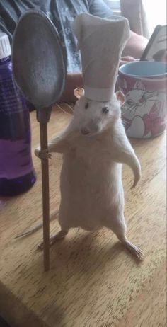 a toy rat with a chef's hat on its head standing next to a spoon