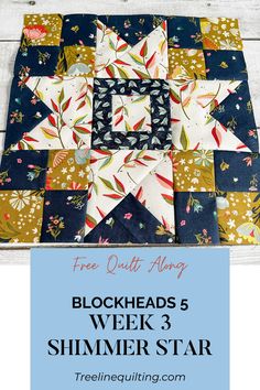 the block has been made into a quilt pattern with text overlay that reads free quilt along, block 5 week 3 summer star