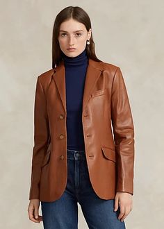 Lambskin Hacking Blazer | Ralph Lauren Leather Blazer, Quarter Zip Pullover, Wool Blazer, Lambskin Leather, Blazers For Women, Earth Tones, Polo Ralph, Shopping Outfit