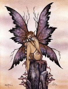 a drawing of a fairy sitting on top of a tree stump with her eyes closed