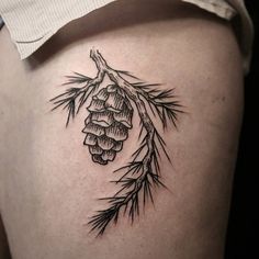 a pine cone tattoo on the back of a woman's thigh, with leaves and branches