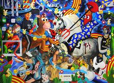 a colorful painting with horses and people on it