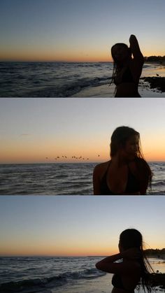 the woman is standing on the beach at sunset