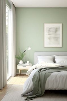 a white bed sitting in a bedroom next to a green wall with a painting on it