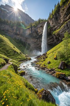 the sun shines brightly over a waterfall as it flows into a river surrounded by green grass and flowers