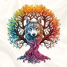 a wolf with colorful trees on it's back is depicted in this artistic image