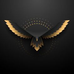 an eagle with gold wings and stars on a black background, in the style of paper art