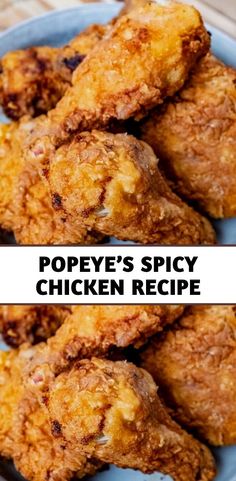 two pictures of fried chicken on a plate with the words pope's spicy chicken recipe