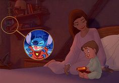 a woman and child sitting on a bed looking at an animated character in the mirror