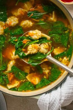 a ladle full of soup with spinach and dumplings