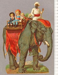 an elephant with people riding on it's back and two children sitting on top